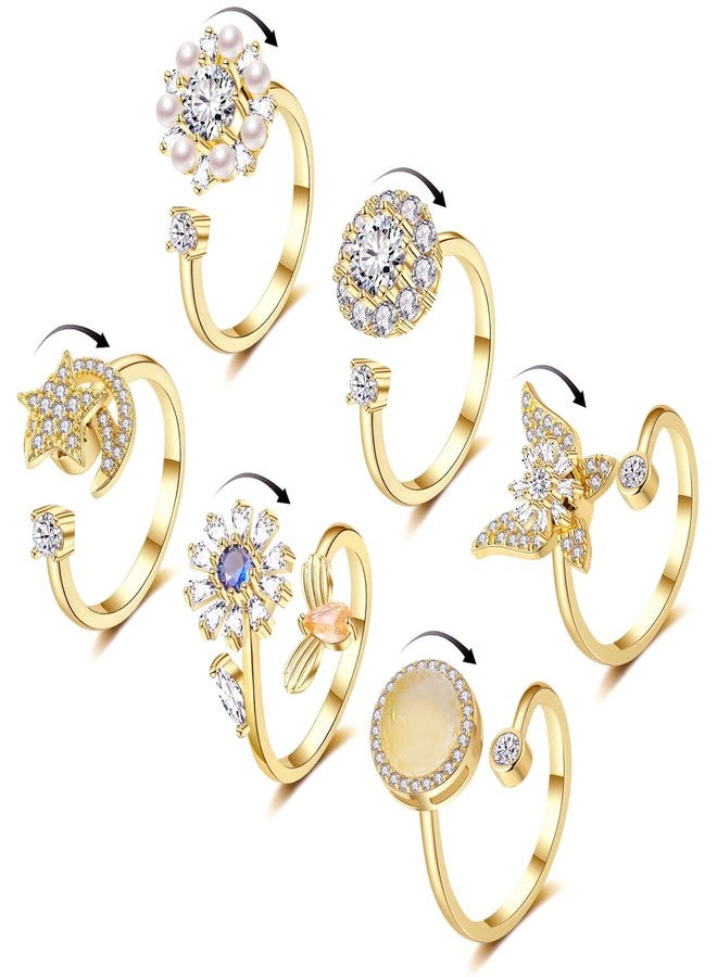 Honsny 6Pcs 14K Gold Plated Anxiety Rings for Women, Adjustable Spinner Anxiety Ring, CZ Butterfly Bee Moon Star Fidget Rings for Anxiety Stress Relief for Women - Image 1